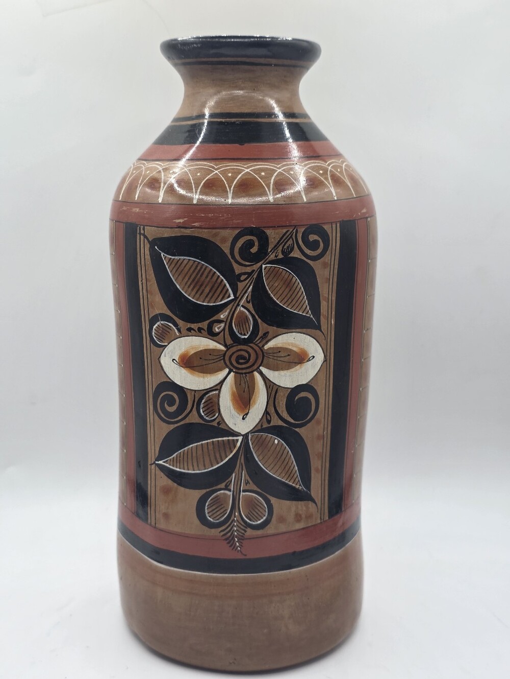 Vintage 1970 Mexican Tonala Pottery Vase Hand Painted Bird Floral Burnished Clay